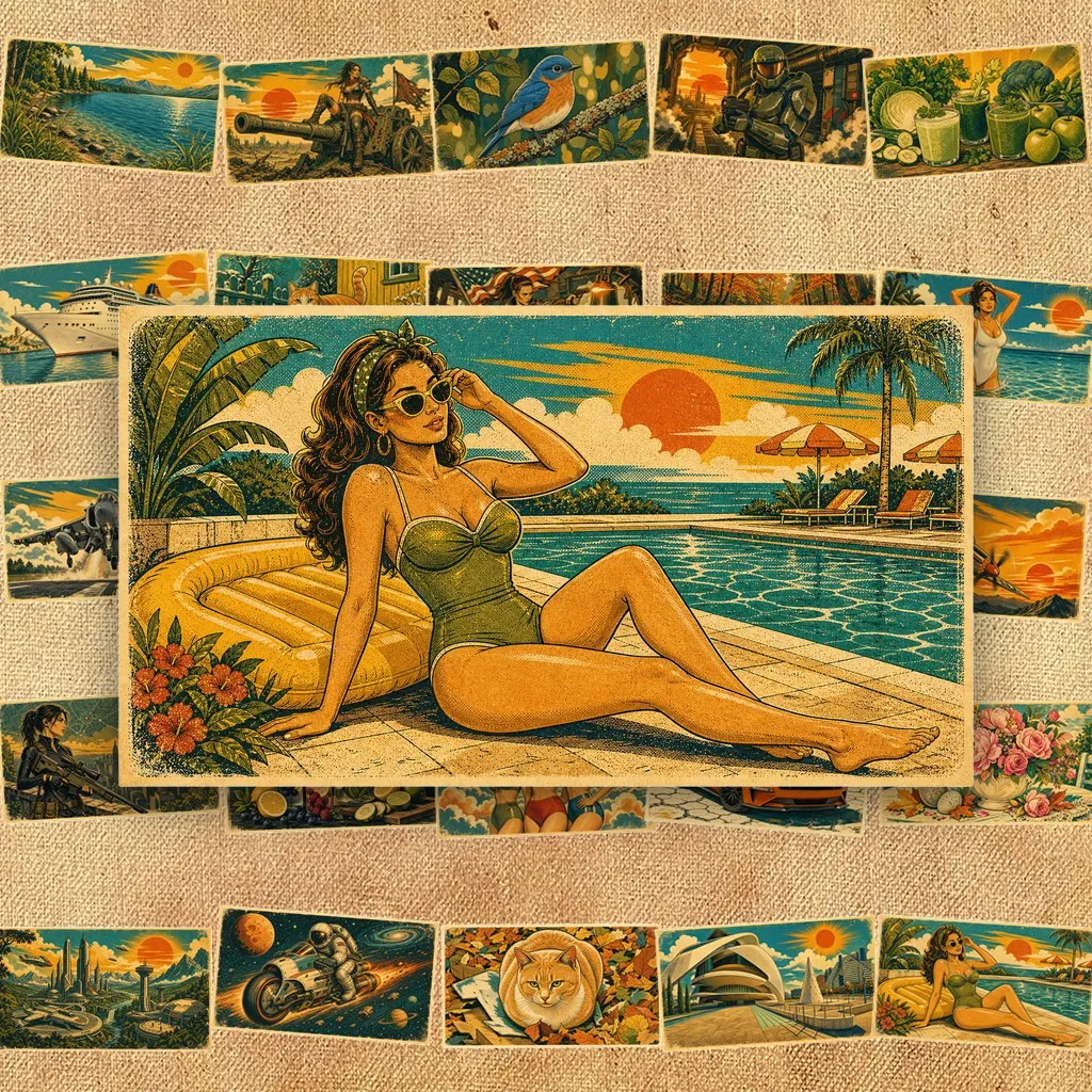 32 Sticker IN LASER 4x6cm Retro Vintage Aesthetic Phong Cảnh Cổ Điển Xe Biển Hoa Dán Laptop Sổ Tay