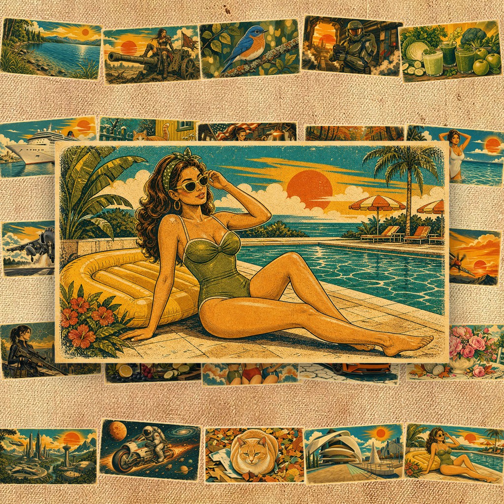 32 Sticker IN LASER 4x6cm Retro Vintage Aesthetic Phong Cảnh Cổ Điển Xe Biển Hoa Dán Laptop Sổ Tay