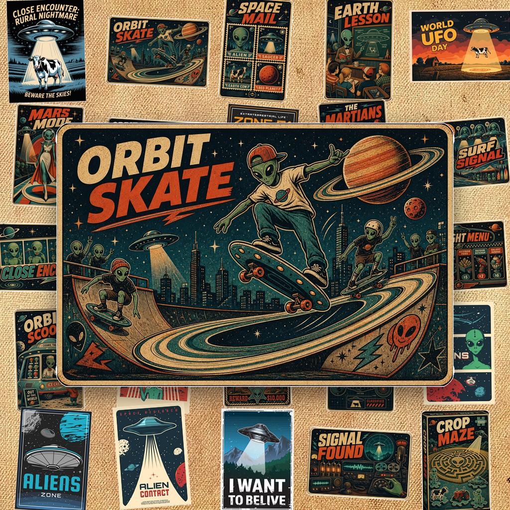 61 Sticker IN LASER 4x6cm Alien UFO Vũ Trụ Vintage Retro Poster Aesthetic Cute Dán Laptop Sổ Tay