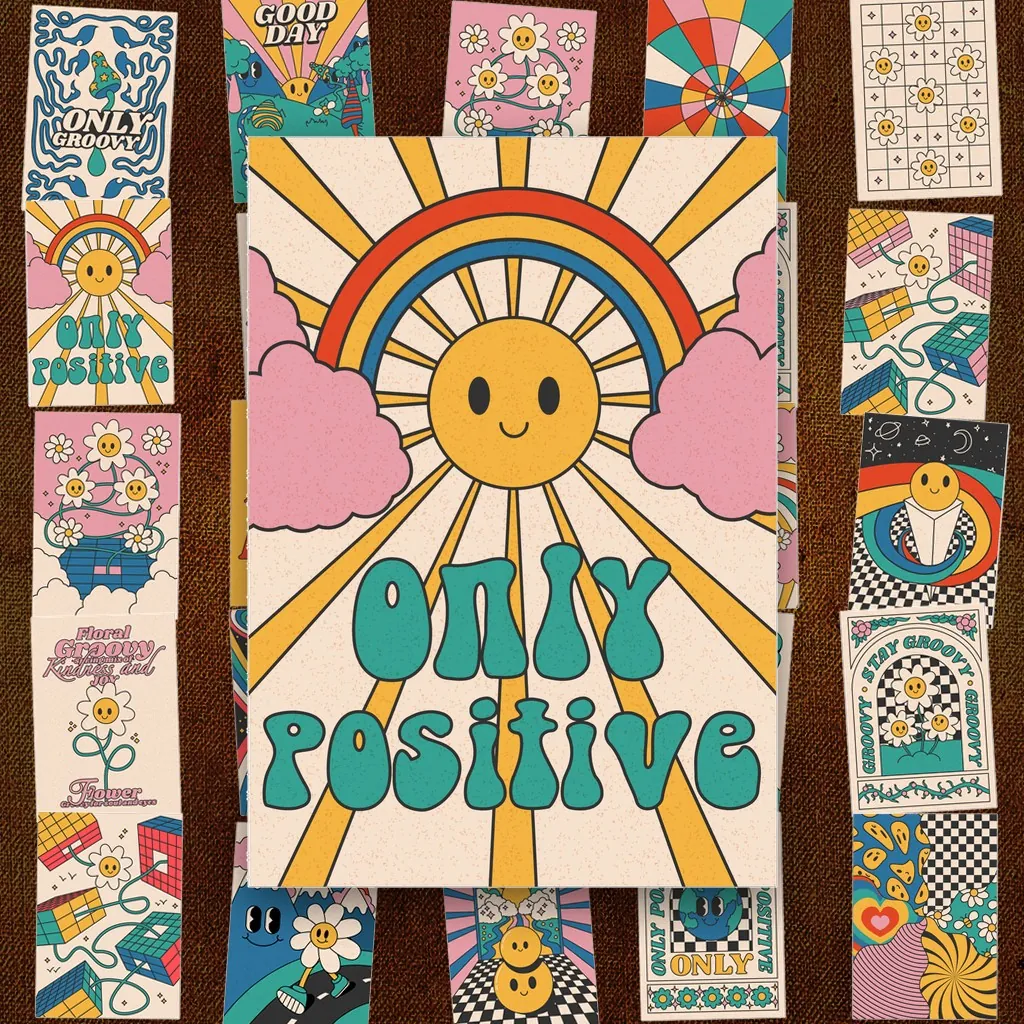 48 Sticker 4x6cm IN LASER Retro Vintage Groovy Y2K Smiley Daisy Flower Hoa Cúc Dán Mũ Bảo Hiểm Ốp Lưng
