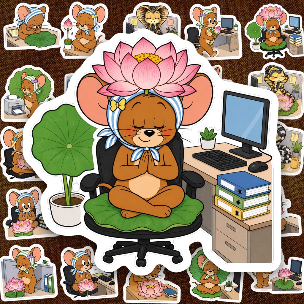 42 Sticker IN LASER Jerry Rắn Độc Văn Phòng Nguyện Một Lòng Như Đoá Liên Hoa Dán Laptop Bình Nước