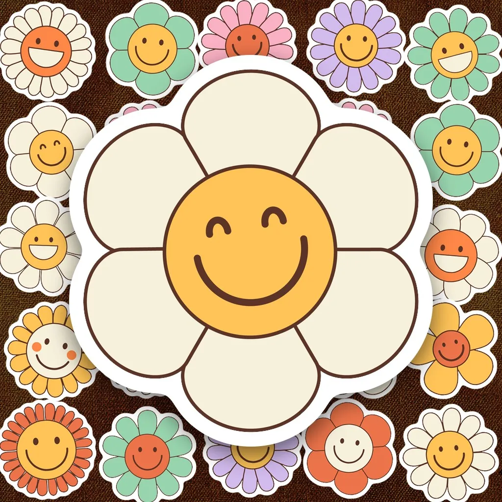 52 Sticker IN LASER Hoa Mặt Cười Daisy Retro Groovy Y2K Aesthetic Cute Dán Laptop Sổ Tay Bình Nước