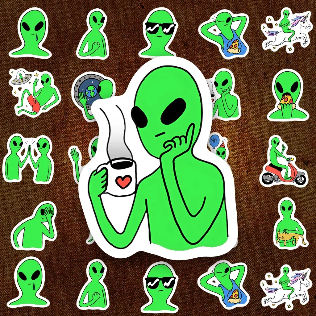 20 Sticker IN LASER Meme Alien Người Ngoài Hành Tinh Xanh Cute Dán Laptop Sổ Tay Bình Nước