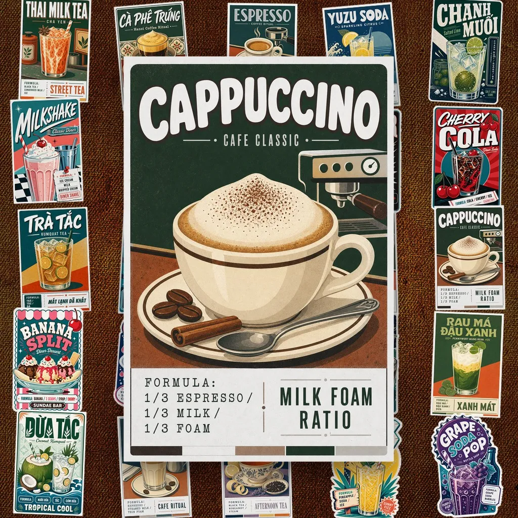 40 Sticker IN LASER Retro Café Vintage Pha Chế Aesthetic Cà Phê Trà Sữa Dán Laptop Sổ Tay Bình Nước