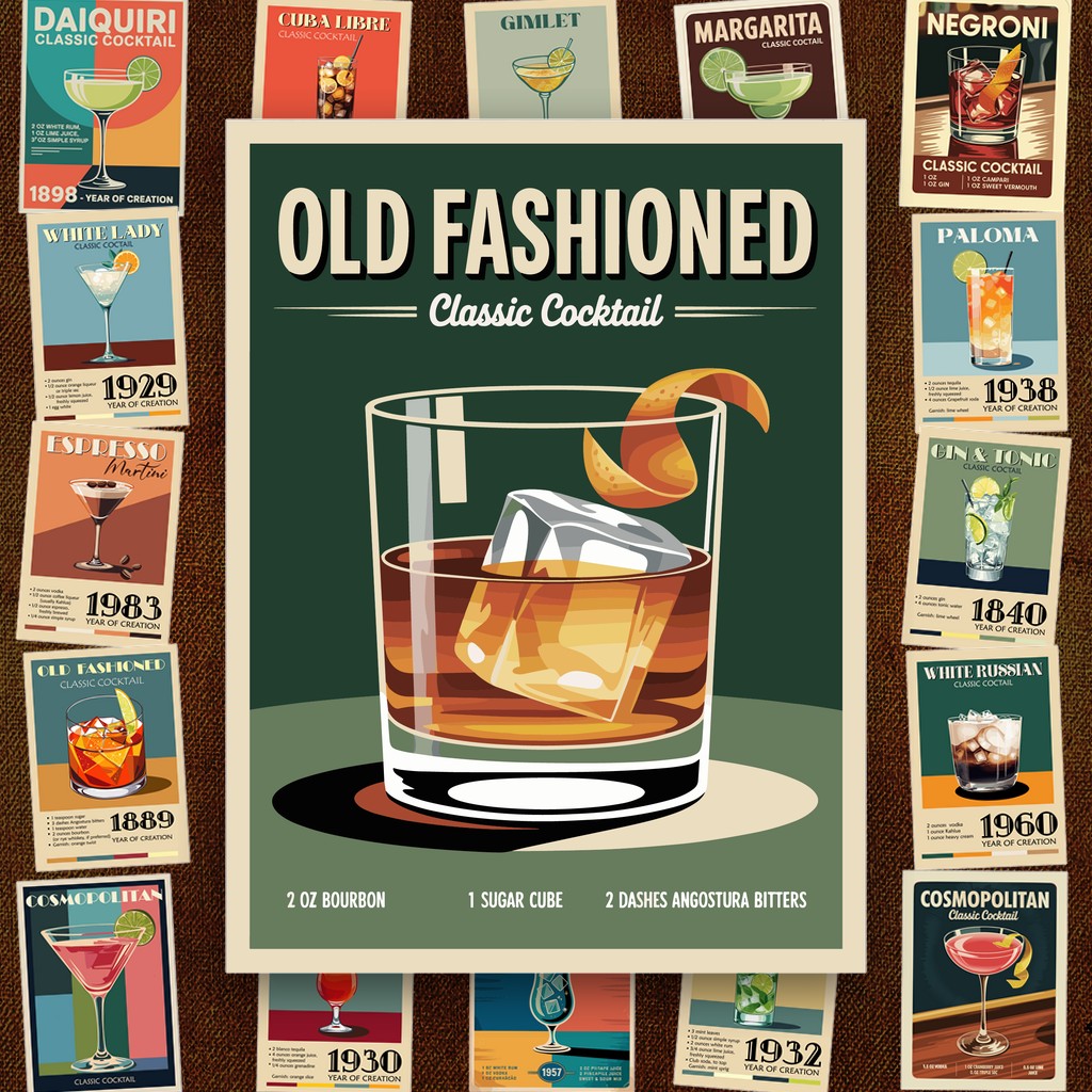 40 Sticker IN LASER 4x6cm Retro Cocktail Vintage Pha Chế Aesthetic Cute Dán Laptop Sổ Tay Bình Nước