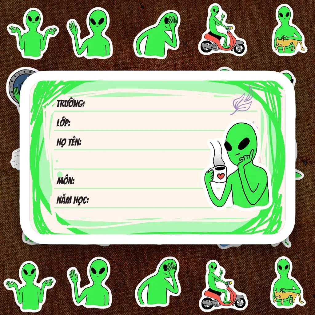 16 Nhãn Vở IN LASER Alien Tay Que Người Ngoài Hành Tinh Xanh Hài Hước Cute Dán Vở Sách Tập Học Sinh