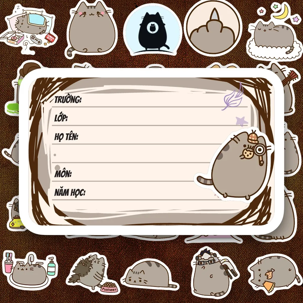 384 Nhãn Vở IN LASER Pusheen Mèo Béo Xám Hoạt Hình Cute Dễ Thương Dán Vở Tập Sổ Tay Học Sinh