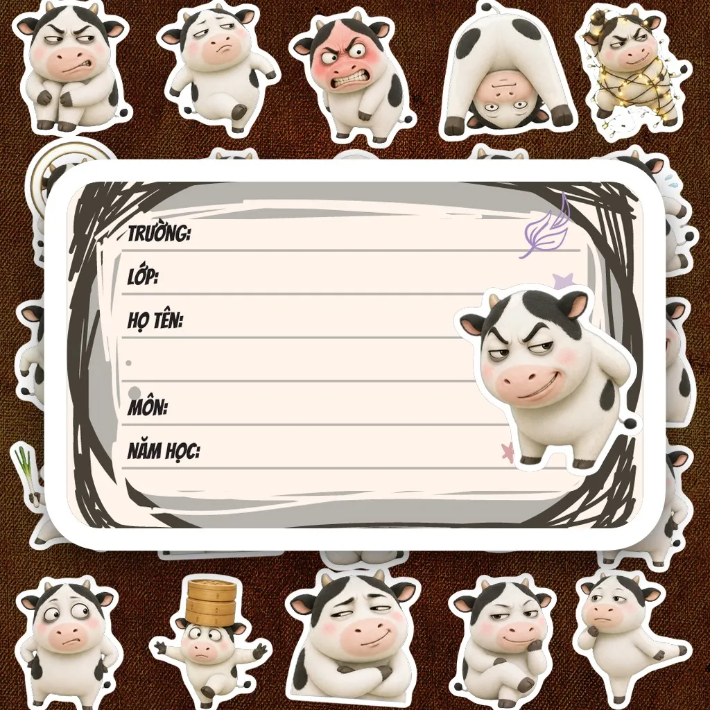 112 Nhãn Vở IN LASER Sion Meme Bò Sữa Cow Hài Hước Cute Dễ Thương Dán Vở Tập Sổ Tay Học Sinh