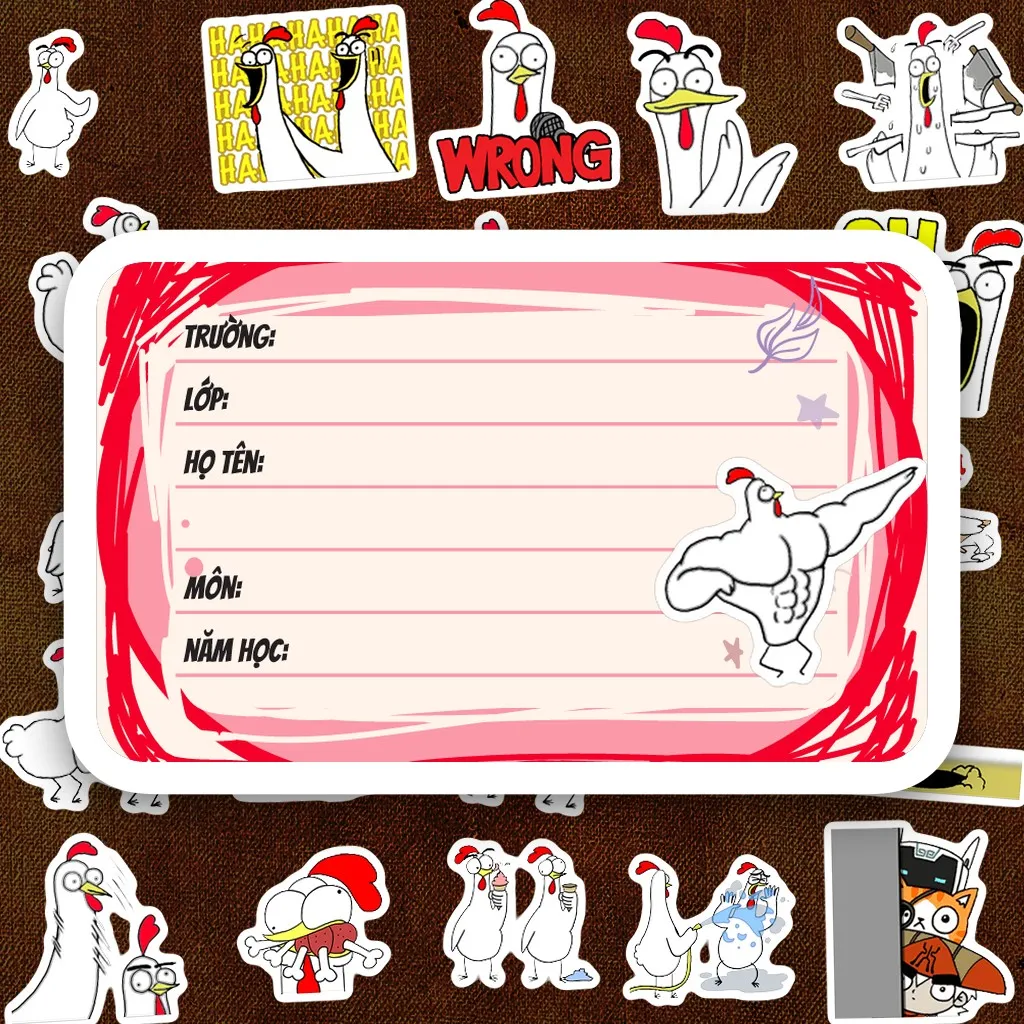 64 Nhãn Vở IN LASER Meme Gà Trắng Chicken Bro Hài Hước Cute Dễ Thương Dán Vở Tập Sổ Tay Học Sinh