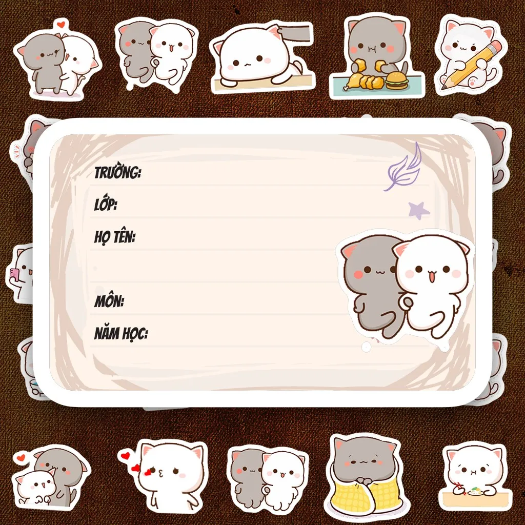 208 Nhãn Vở IN LASER Mèo Mochi Tròn Ú Hoạt Hình Cute Dễ Thương Dán Vở Tập Sổ Tay Học Sinh