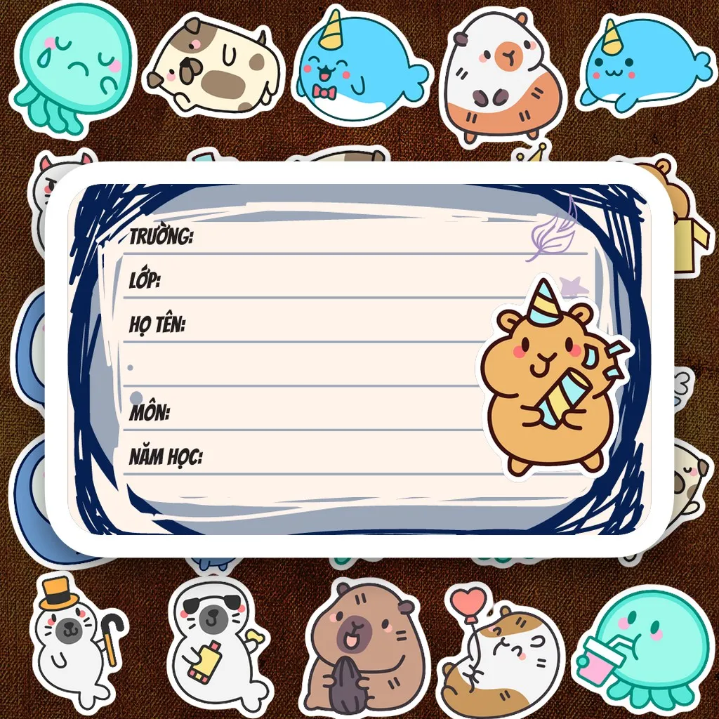 160 Nhãn Vở IN LASER Capybara Mèo Gấu Sứa Hải Cẩu Chim Cánh Cụt Cute Dễ Thương Dán Vở Tập Sổ Tay