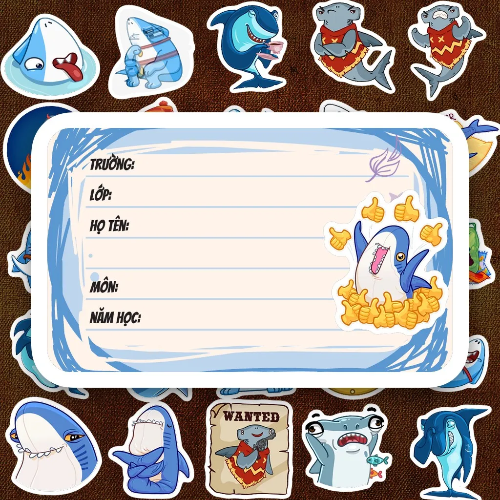 192 Nhãn Vở IN LASER Cá Mập Baby Shark Hoạt Hình Hài Hước Cute Dễ Thương Dán Vở Tập Sổ Tay Học Sinh