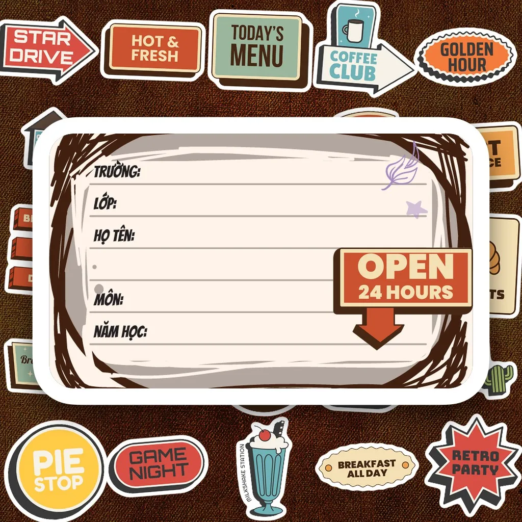 80 Nhãn Vở IN LASER Retro Diner Vintage Mỹ Biển Hiệu Cute Dễ Thương Dán Vở Tập Sổ Tay Học Sinh