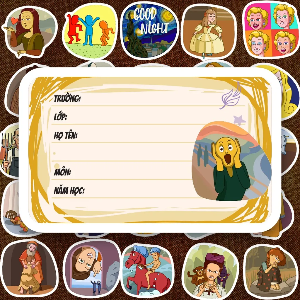 32 Nhãn Vở IN LASER Meme Tranh Nổi Tiếng Hội Họa Mona Lisa Cute Dễ Thương Dán Vở Tập Sổ Tay Học Sinh