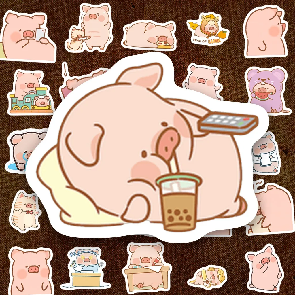 100 Sticker IN LASER Heo Hồng Lulou Cute Dễ Thương Hoạt Hình Hài Hước Dán Laptop Sổ Tay Bình Nước